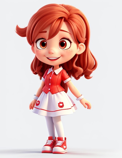 3D Happy Cartoon Character Girl White Background