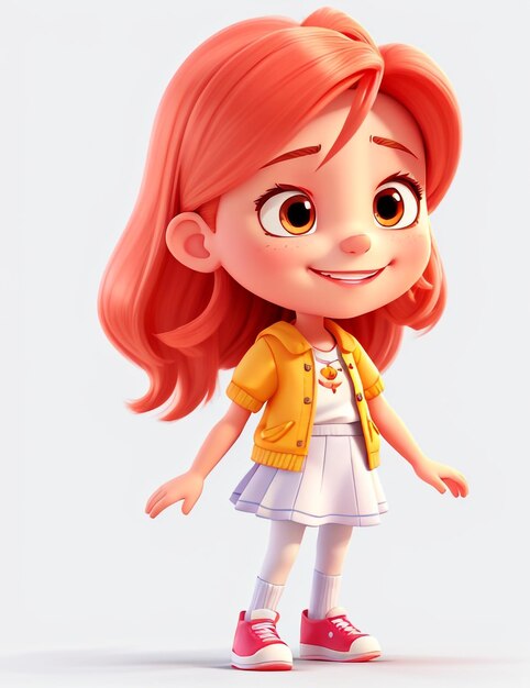 3D Happy Cartoon Character Girl White Background