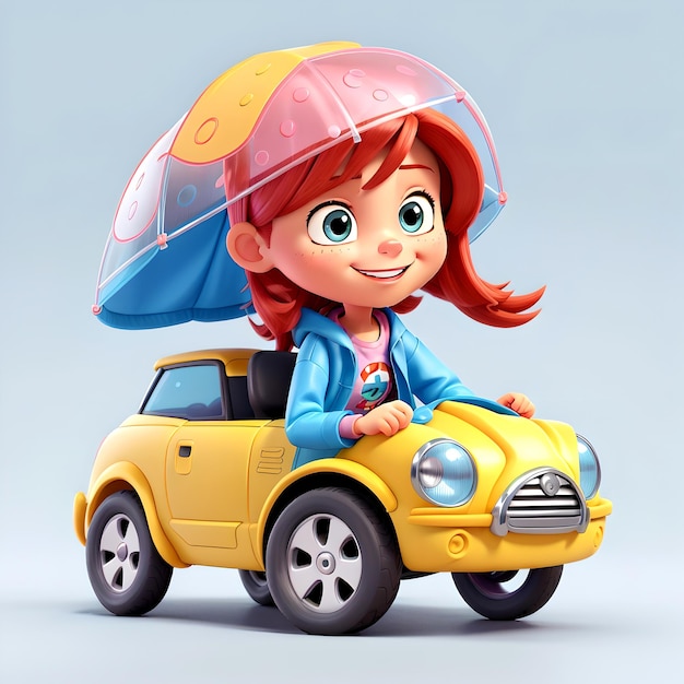 Фото Счастливая мультфильмная иллюстрация подростковой девушки, едущей на машине с дождевым снаряжением
