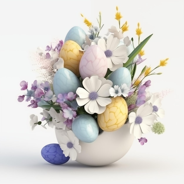 Foto 3d buon pomeriggio bouquet di fiori con uova di pasqua su sfondo bianco elegante vaso primaverile