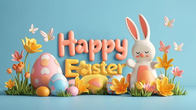 3D Happy Easter Day text with eggs and flowers