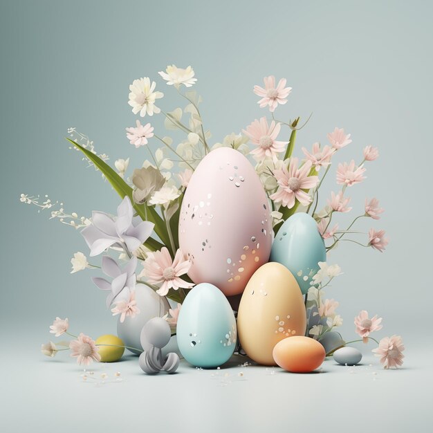 3d Happy Easter eggs design with eggs and flowers on blue background Stylish spring Greeting card