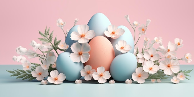 Foto 3d felice uova di pasqua con fiori su sfondo blu rosa stylish modello di primavera biglietto di auguri o b