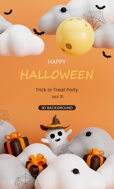 写真 3 d のハッピーハロウィーンの背景にテキスト。月とコウモリの雲の上にギフトボックスを持つ白い幽霊がかわいい。ハロウィーンのコンセプト。伝統的な 10 月の祝日。コピースペース。 3 d レンダリング。