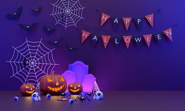 3D Happy Halloween-festival versierd met halloween-pompoenspinnenwebspinnen