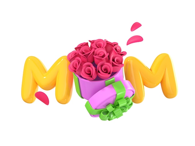 Foto 3d happy mother's day poster met mom tekst en roze roze bloemen een mooi bloeiend boeket in een geschenk 8 maart vrouwendag cartoon creatief ontwerp icoon geïsoleerd op witte achtergrond 3d rendering