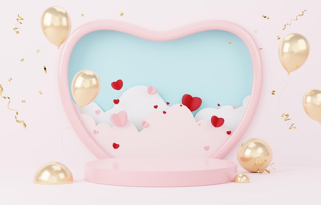 3D 해피 발렌타인 데이 모의 및 프레젠테이션을 위한 디스플레이 연단이 있는 최소한의 달콤한 사랑 장면