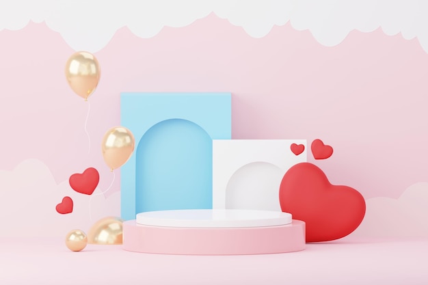 3D Happy Valentines Day Минимальная сладкая любовная сцена с подиумом для макета и презентации