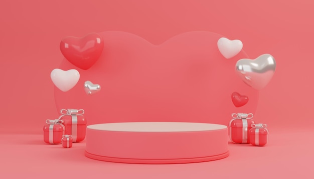 3D 해피 발렌타인 데이 핑크 연단 무대 달콤한 하트 모양과 제품 선물을 위한 선물 상자