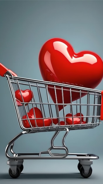 Foto 3d harten in winkelwagentje en supermarkt trolley tegen gekleurde verticale