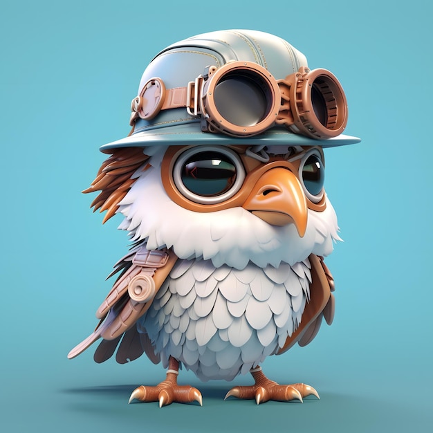 3d hawk eagle cute cartoon in steampunk hat and google glass