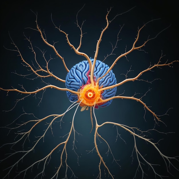 3d head and brain neuron with lightning background