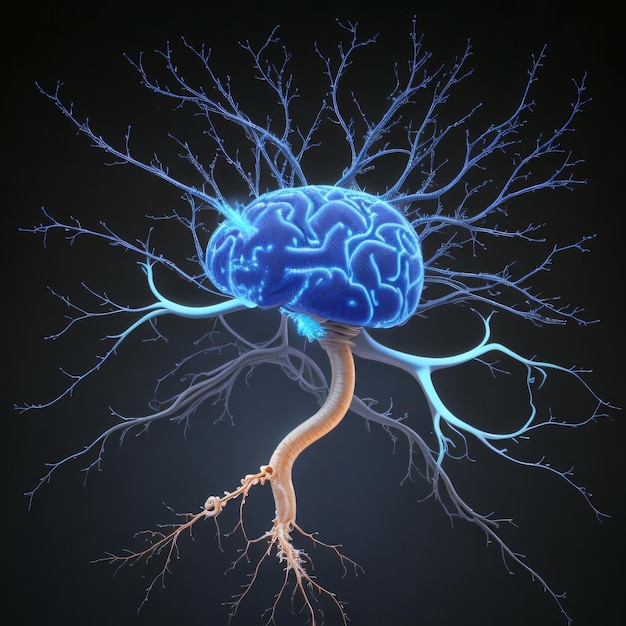 3d нейрон головы и мозга с молниеносным фоном