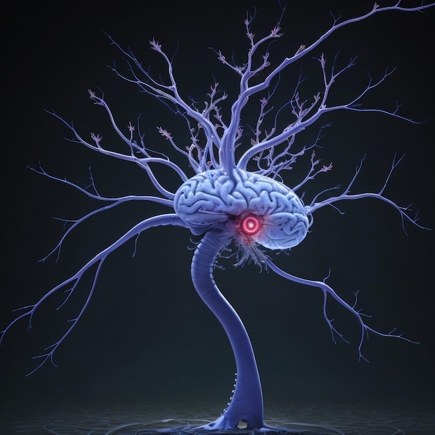 3d head and brain neuron with lightning background