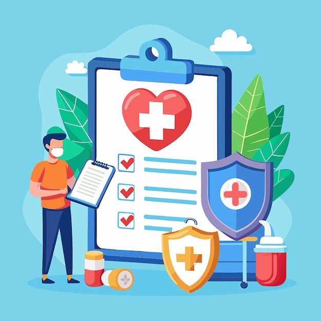 Photo 3d health insurance icon concept life insurance family health care protection big clipboard with document checklist