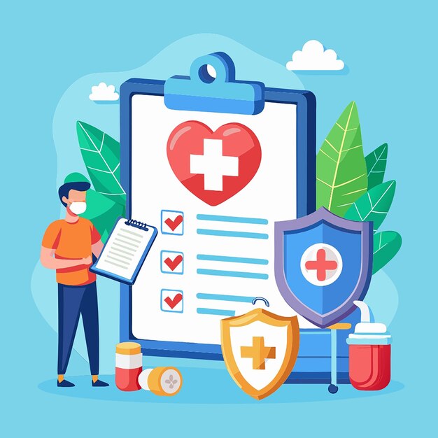 Photo 3d health insurance icon concept life insurance family health care protection big clipboard with document checklist