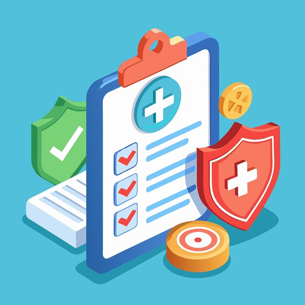 Photo 3d health insurance icon concept life insurance family health care protection big clipboard with document checklist