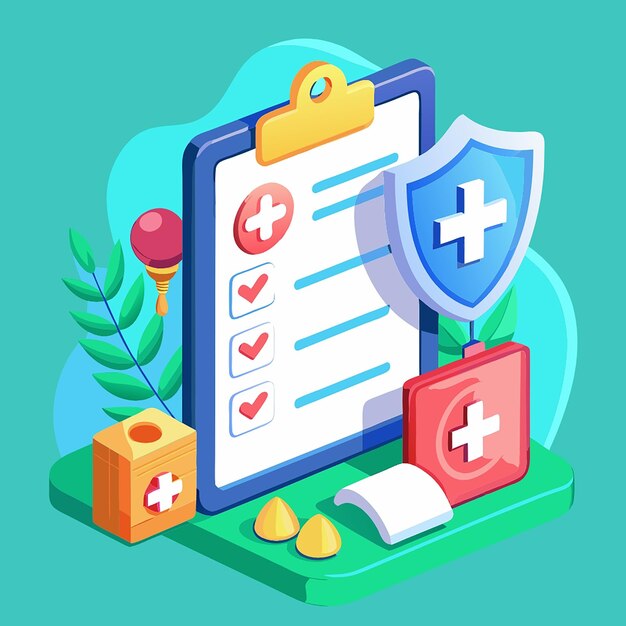 Photo 3d health insurance icon concept life insurance family health care protection big clipboard with document checklist