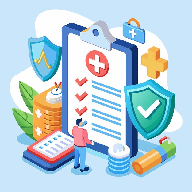 Photo 3d health insurance icon concept life insurance family health care protection big clipboard with document checklist