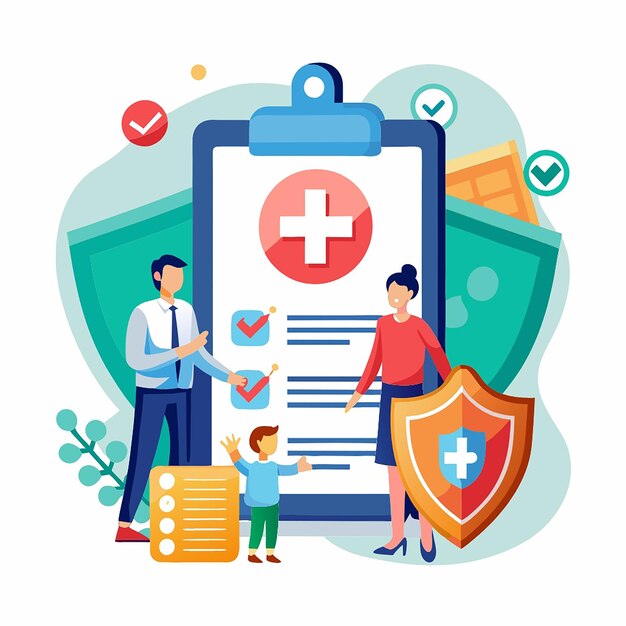 Photo 3d health insurance icon concept life insurance family health care protection big clipboard with document checklist