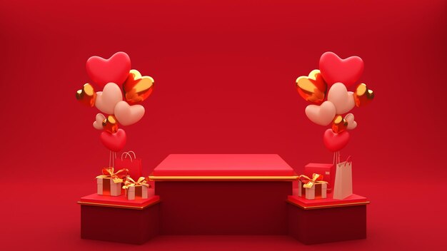 3D Heart Balloon Bunches With Gift Boxes, Carry Bags And Empty Square Table Or Podium On Red Background.