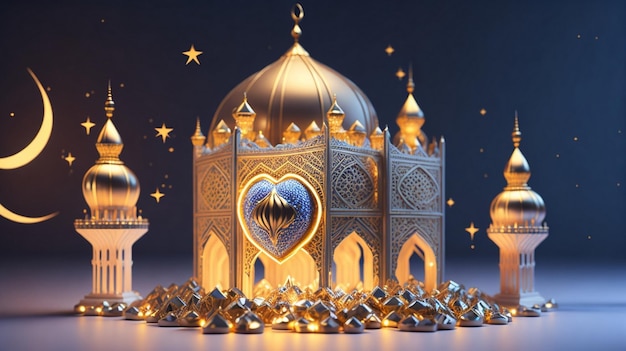 3D heart of Ramadan Kareem Eid Mubarak royal elegant lamp with mosque holy gate with fireworks