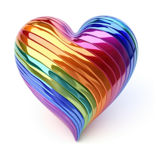A 3d heart regulary striped with the colors of the rainbow isolated on white background