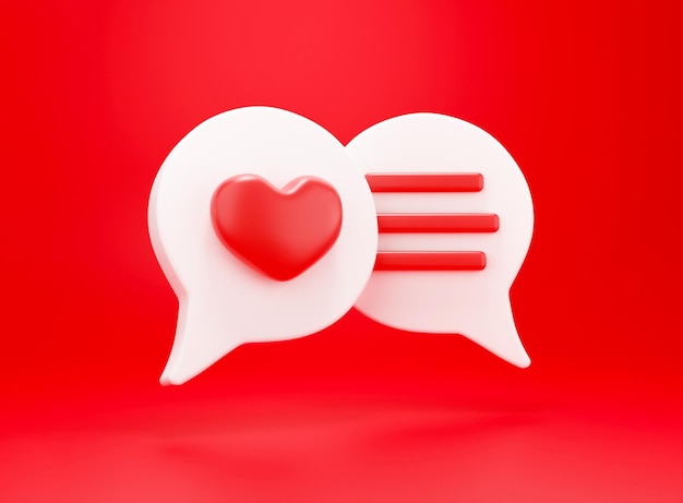 Foto cuore 3d con bolla di chat rendering 3d di notifica sui social media amore come icona del cuore con forma di messaggio di conversazione