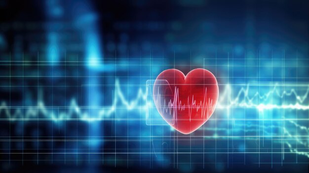 미래의 파란색 배경에 ECG 선을 가진 3D 심장