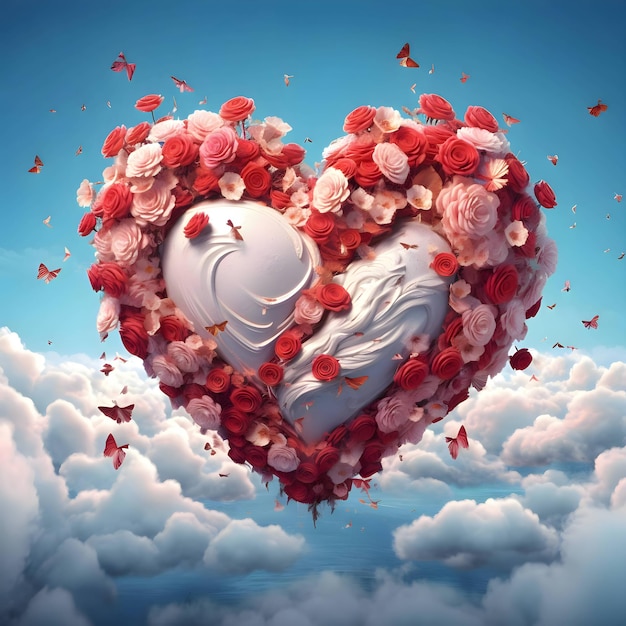 3D heart with pink roses against a background of clouds