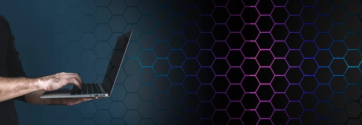 Photo 3d hexagon black background technology abstract geometry dark backdrop with honeycomb and neon texture science technology network concept high quality 3d illustration