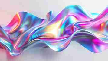 Photo a 3d holographic liquid wave and iridescent chrome fluid silk fabric are isolated on a light background this is a render of neon metal ribbons flying in motion with rainbow gradient effects