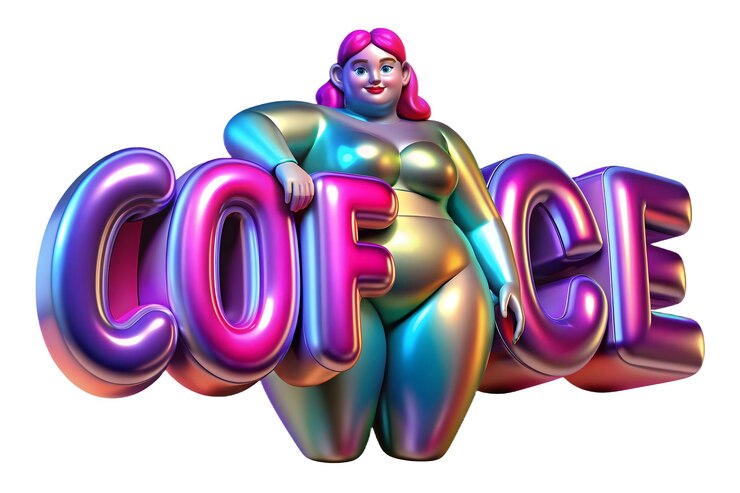 Photo 3d holographic plus size model with confidence text concept as a vibrant glossy background featuring