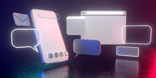 3d Holographic smartphone icons with dim light - 3D illustration of smartphone social media usage. All live in a futuristic atmosphere. 3D render.