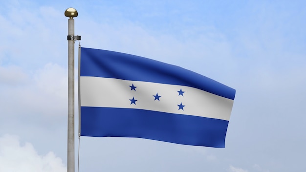 3D, Honduran flag waving on wind with blue sky and clouds. Honduras banner blowing, soft and smooth silk. Cloth fabric texture ensign background. Use it for national day and country occasions concept.