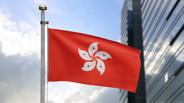 3D, Hongkong flag waving on wind with modern skyscraper city. Hong Kong banner blowing, soft and smooth silk. Cloth fabric texture ensign background. National day and country occasions concept.