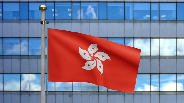 3D, Hongkong vlag zwaaien op wind met moderne wolkenkrabber stad. Hong Kong banner waait gladde zijde. Doek stof textuur vlag achtergrond. Gebruik het voor het concept van nationale dag en landgelegenheden.