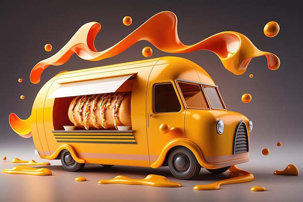 3D Hot Dog Delivery Fastfood hotdog vrachtwagen Mascotte hotdog snelheid auto ontwerp Logotype voor restaurant