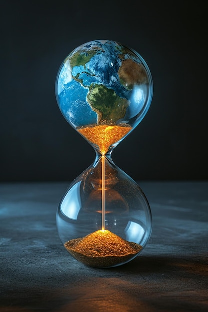 Photo a 3d hourglass where the top half is a lit earth and the bottom half is darkness