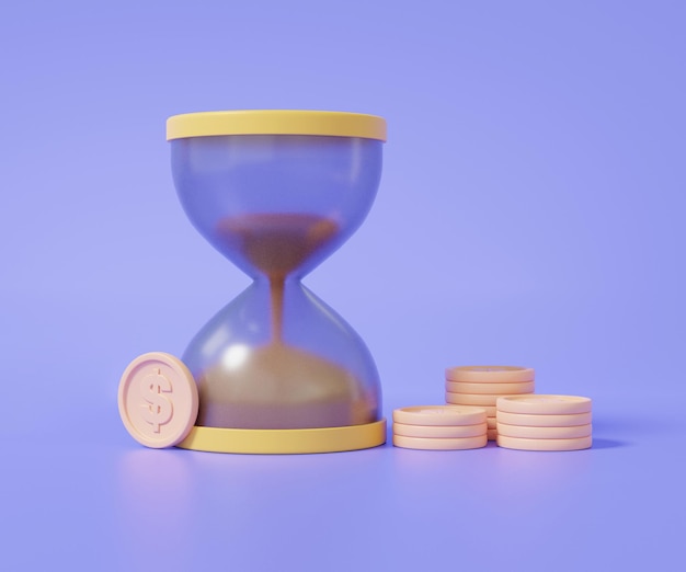 3d hourglass with stack dollar coin on pastel purple background\
business financial investing concept cartoon minimal sand clock\
promotion timer 3d render illustration