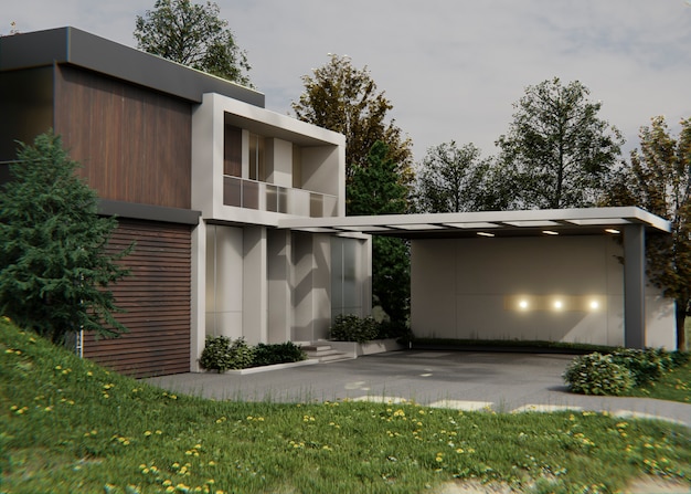 Foto architettura della casa 3d con parcheggio