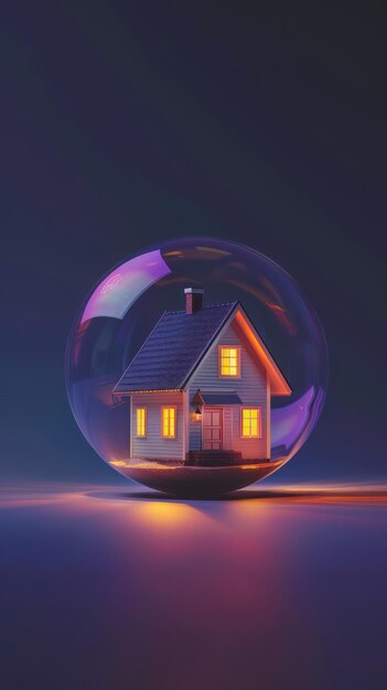 Photo 3d house in a bubble on a flat dark purple background