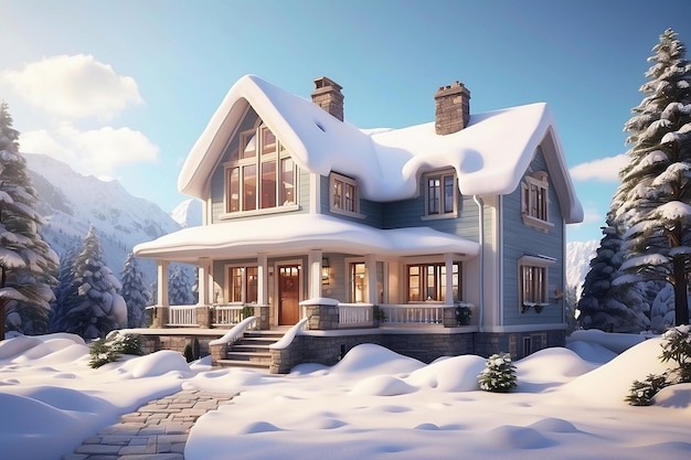 Foto casa 3d coperta di neve