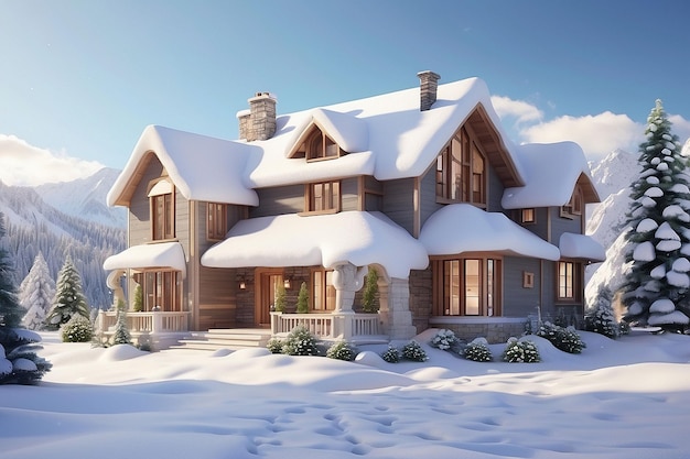 Foto casa 3d coperta di neve