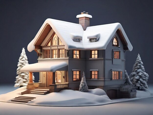 Foto casa 3d coperta di neve