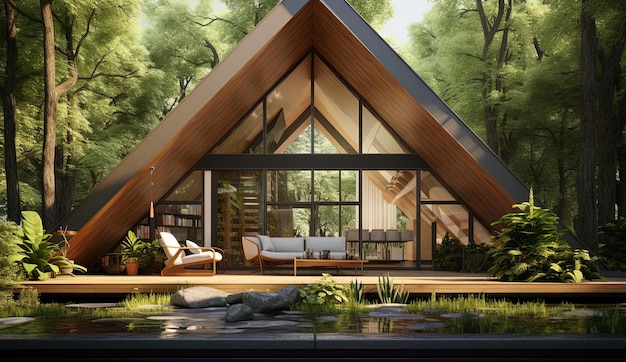 3d house in the forest illustration design modern home in the style of sunrays shine upon it