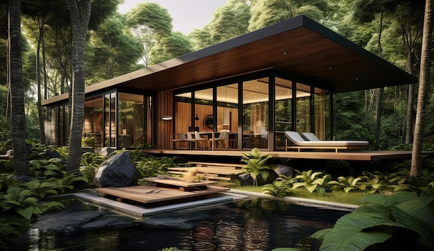 3d house in the forest illustration design modern home in the style of sunrays shine upon it