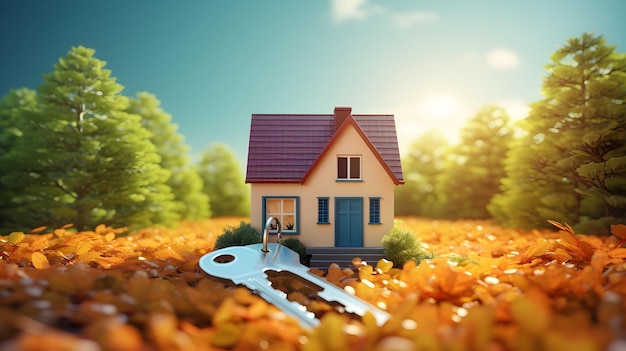 3D house model and key in a beautiful composition