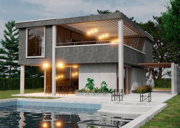 Photo 3d house model with pool low angle