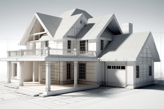 3D house rendering overlaying a blueprint Generative AI
